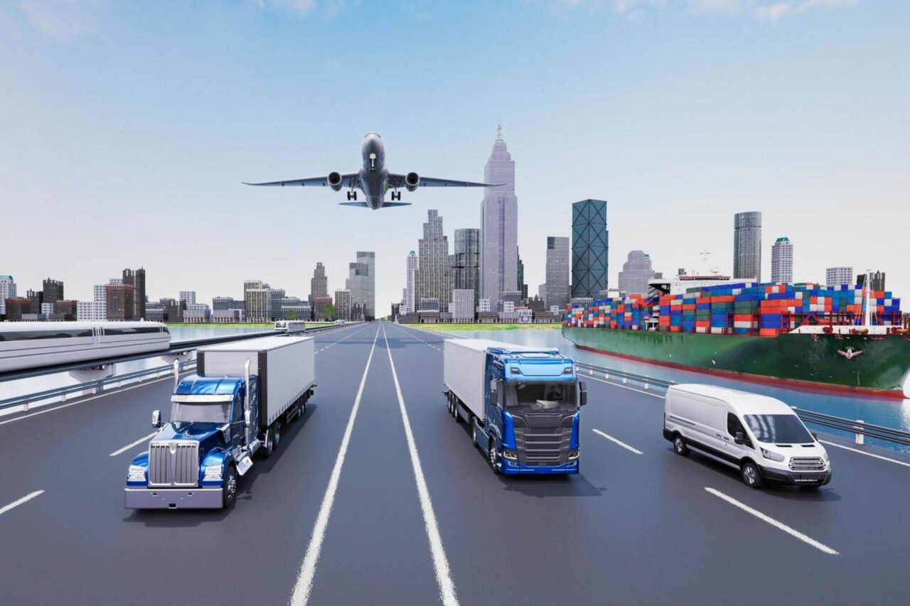 A plane flying above two trucks above the road