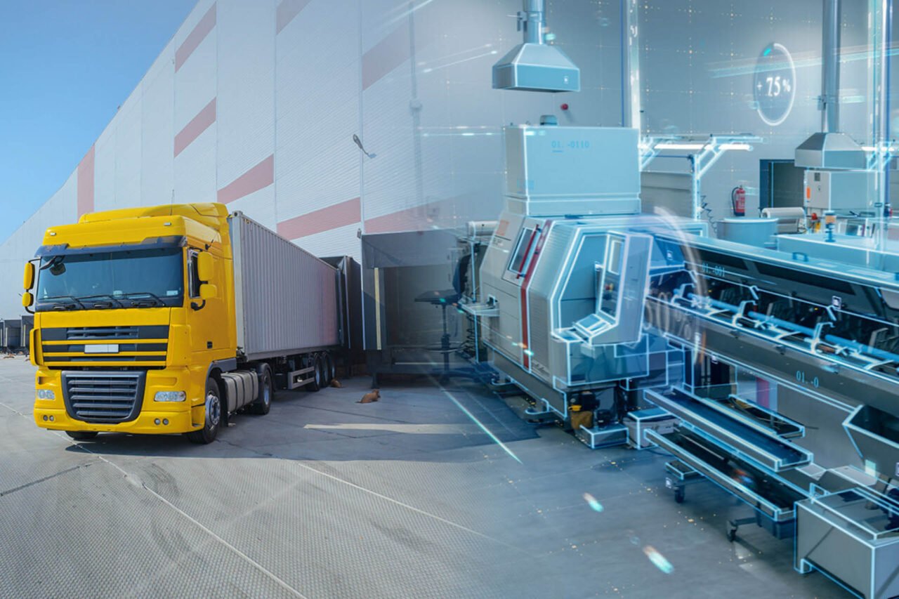 A truck standing in front of factory