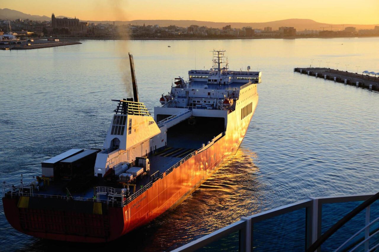 A small tanker leaving the port